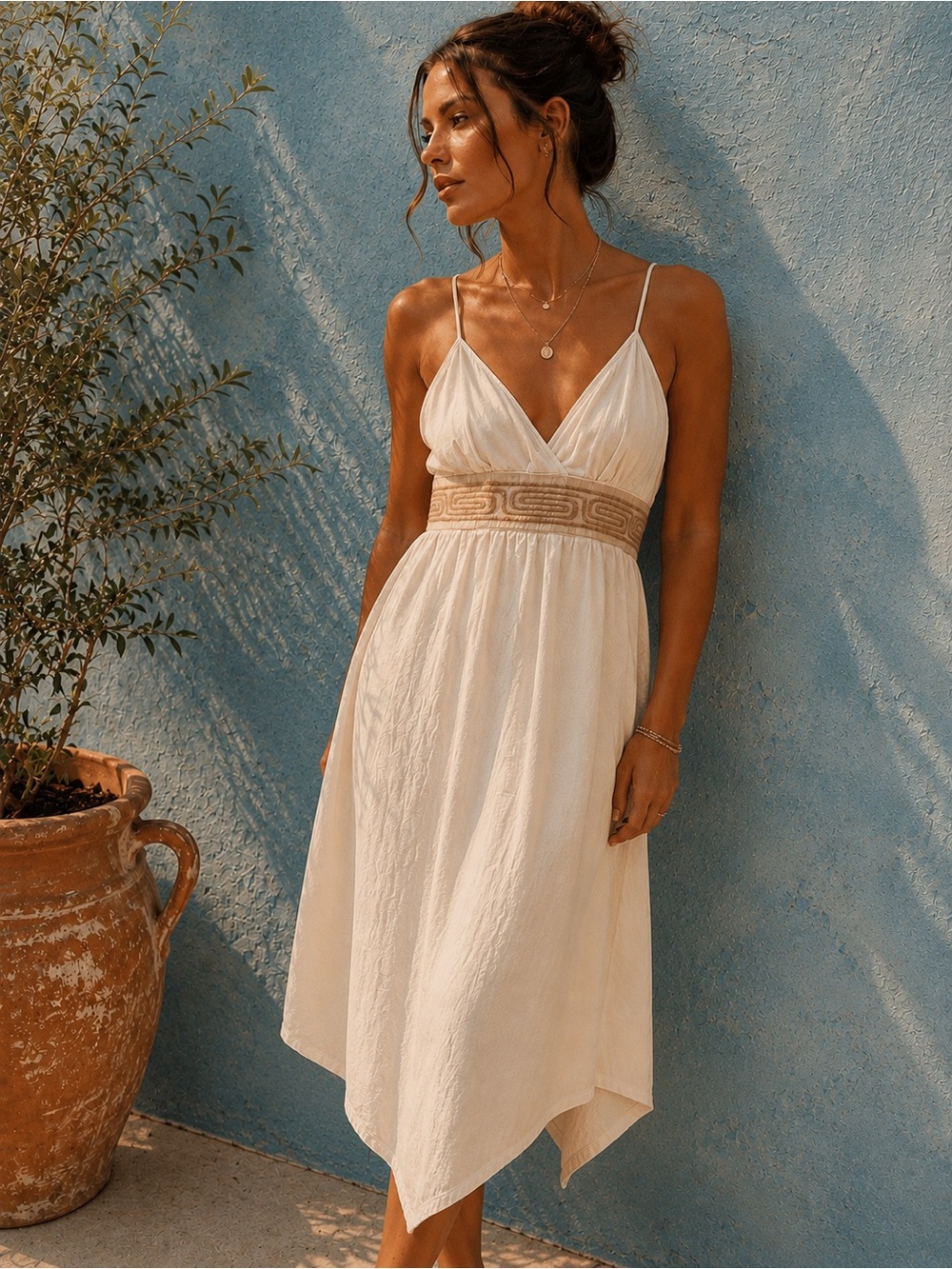 White Cotton Mediterranean Sundress S Boho Vacation Dress Handkerchief Hem